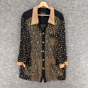 Carole Little Short Women 18W Plus Black Floral Button Up Collared Long Sleeve